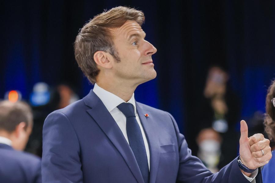 epa10041297 French President Emmanuel Macron takes part in a meeting during the first day of the NATO Summit at IFEMA Convention Center, in Madrid, Spain, 29 June 2022. Heads of State and Government of NATO's member countries and key partners are gathering in Madrid from 29 to 30 June to discuss security concerns like Russia's invasion of Ukraine and other challenges. Spain is hosting 2022 NATO Summit coinciding with the 40th anniversary of its accession to NATO.  EPA/Lavandeira Jr
