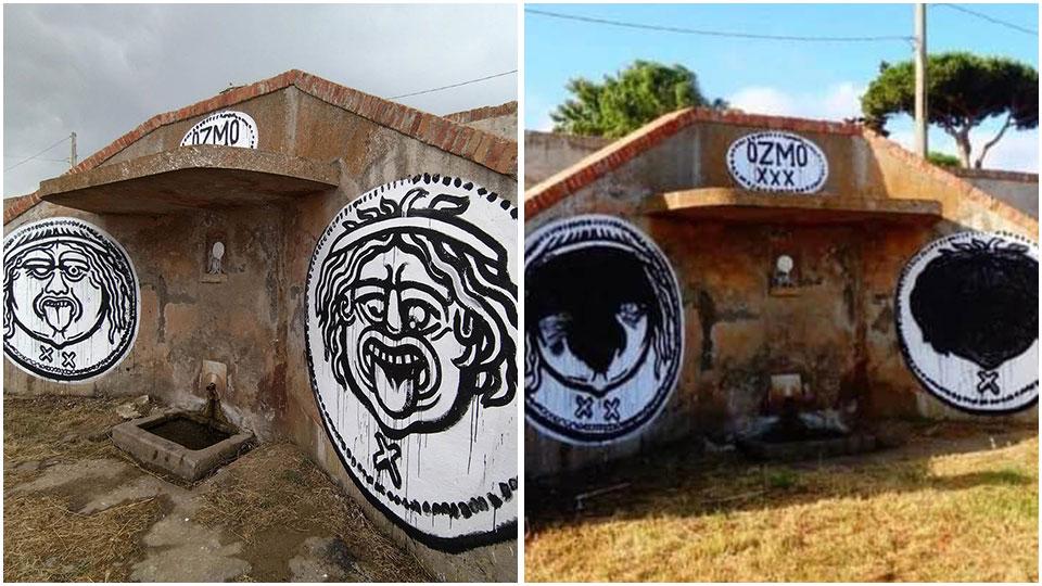 Da subito polemiche per i murales realizzati dal writer Ozmo alla fonte di San Cerbone, e lo scatto di Andrea Camerini sui social alla fonte di San Cerbone ieri alle 14
