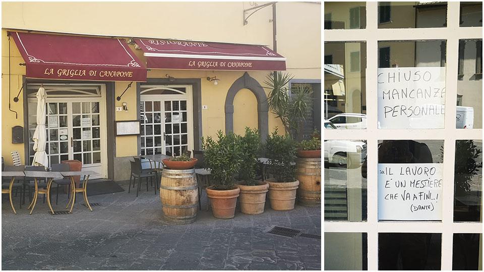 Il ristorante “La griglia di Canapone” in piazza Bonaparte e i cartelli affissi da Pablo Croce