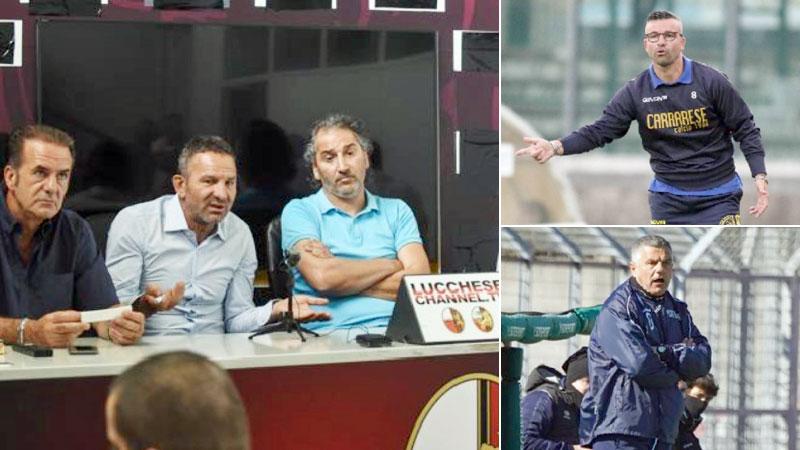 A sinistra la dirigenza della Lucchese; a destra, dall'alto, Totò Di Natale e Ivan Maraia 