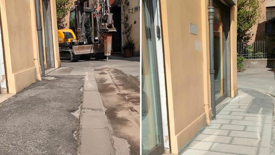 I marciapiedi di via Cortevecchia prima e dopo l'intervento