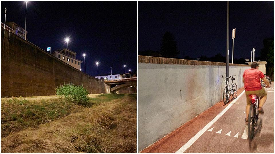 Il punto dell’argine della Pesa dove è atterrato il 16enne e il parapetto lungo via Roma