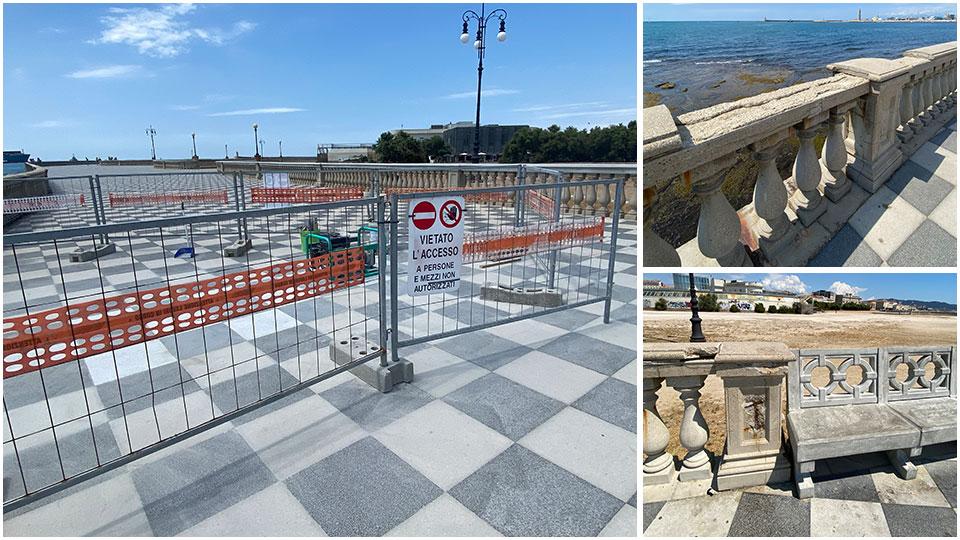 Le mattonelle appena sostituite dopo il rigonfiamento, le balaustre malconce con i “tappi” mancanti e l’effetto bicolore dopo gli interventi con i nuovi materiali