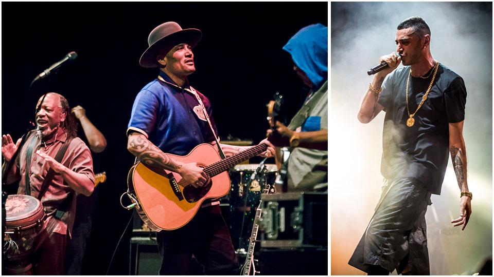 Ben Harper and The Innocent Criminals durante un concerto, a destra il rapper Marracash