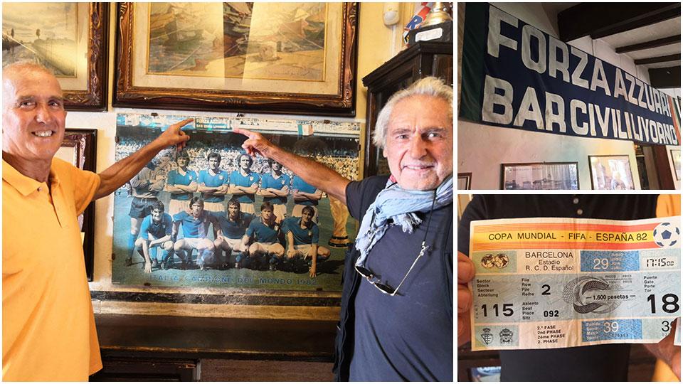 Claudio Bartoli e Stefano Bonistalli indicano lo striscione, lo striscione confezionato al Bar Civili ed esposto al mondiale di Spagna 1982 e il biglietto d’ingresso
al Mondiale 1982