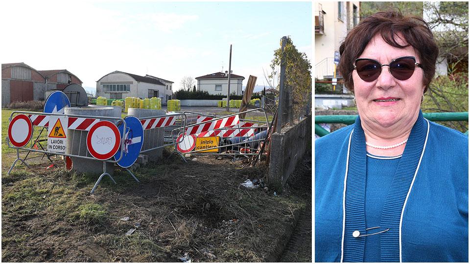Una parte del cantiere di Publiacqua nella zona sud della città e a destra Rosanna Crocini