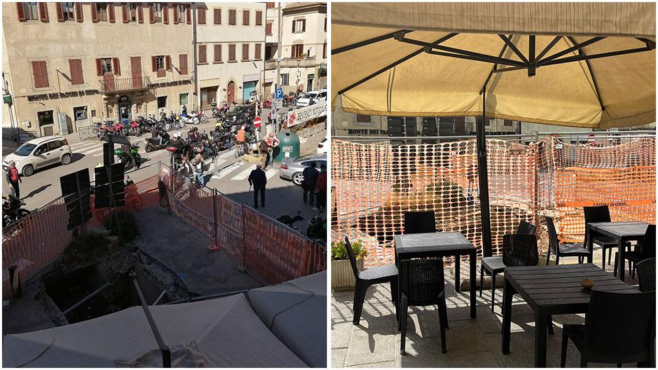 Alcune immagini del cantiere di piazza Cavour: il cratere visto dall’alto e sotto le transenne e le fettuccine proprio accanto ai tavolini del bar Lilith