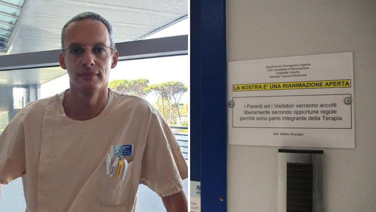 Ettore Melai, primario di Anestesia e rianimazione del Versilia; il cartello affisso all’ingresso del reparto in epoca pre Covid con cui si invitano i familiari a visitare i loro cari come forma di terapia