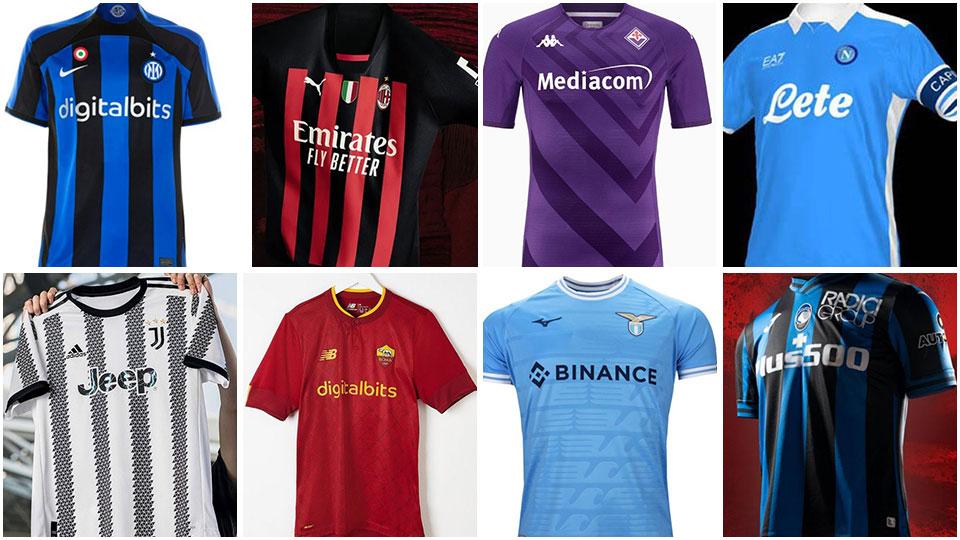 In senso orario le maglie di Inter, Milan, Fiorentina, Napoli, Juventus, Roma, Lazio e Atalanta per il 2022-23