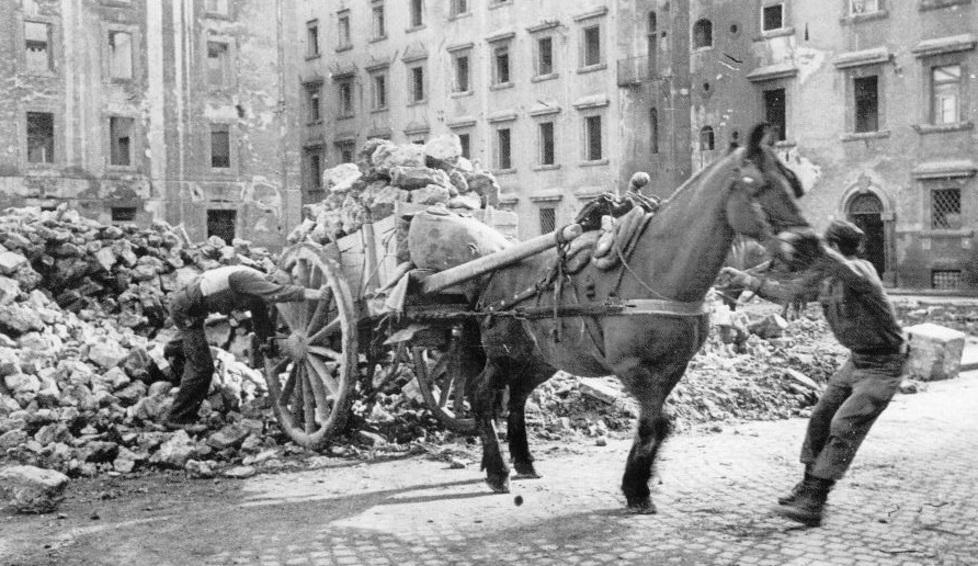 Un’ immagine simbolica della Livorno che rinasce partendo da quel nulla che ha: si portano via le macerie con cavallo barroccio e tanta forza di volontà