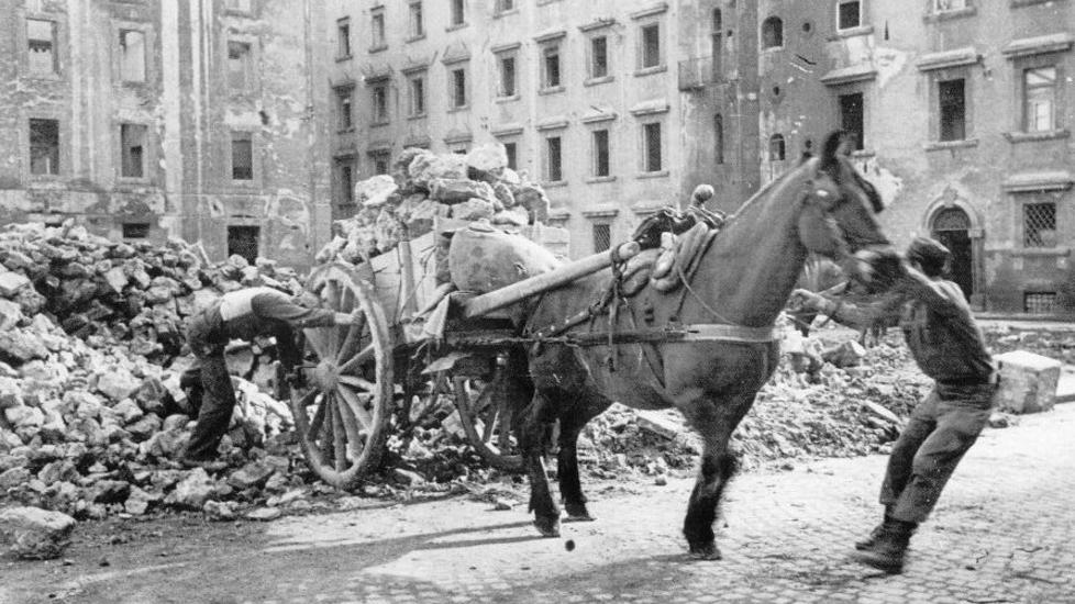 Un’ immagine simbolica della Livorno che rinasce partendo da quel nulla che ha: si portano via le macerie con cavallo barroccio e tanta forza di volontà