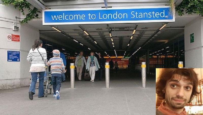 
	L'aeroporto di Stansted e, nel riquadro, Giacomo Zappino

