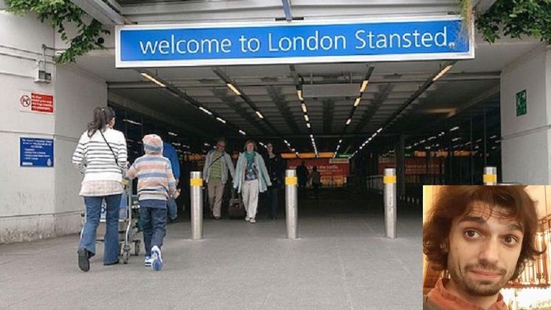 L'aeroporto di Stansted e, nel riquadro, il giovane Giacomo