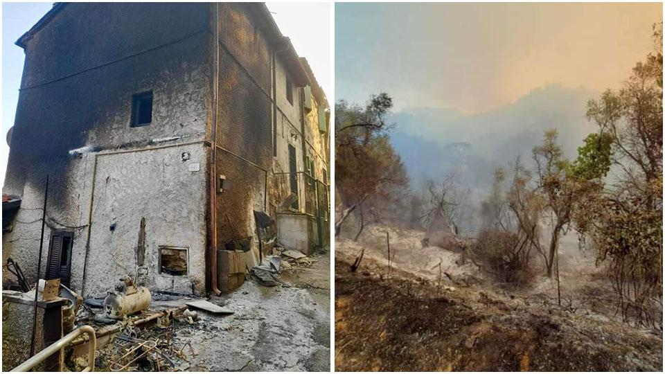 La facciata di una casa a Pieve a Elici attaccata dalle fiamme e i danni