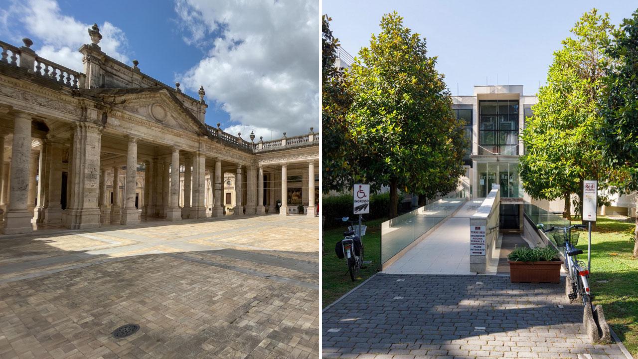 A sinistra l’atrio interno delle terme Tettuccio, a destra l’ingresso delle terme Redi (foto Nucci)