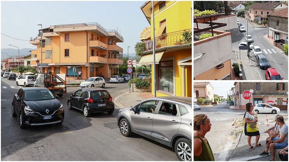 Il traffico in via del Gallo e alcuni abitanti che protestano per il passaggio di tanti mezzi pesanti