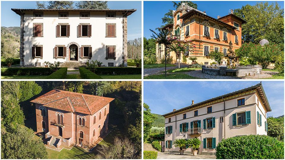 La villa del 1500 dei Mansi a Monsagrati, la splendida villa liberty che si affaccia in via Farnesi a Lucca, la villa di Giacomo Puccini a Chiatri e il resort di Pieve Vecchia