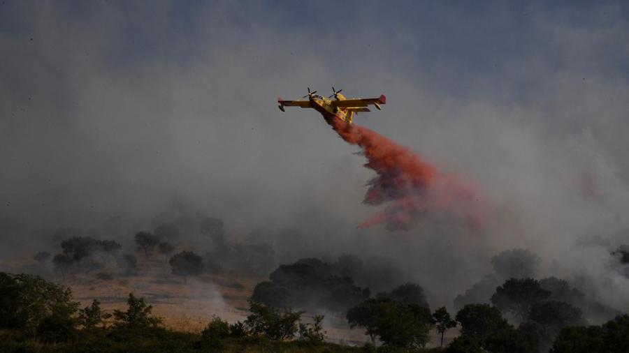 
	Il Canadair sopra la campagna in fiamme a Su Berrinau (foto Massimo Locci)


