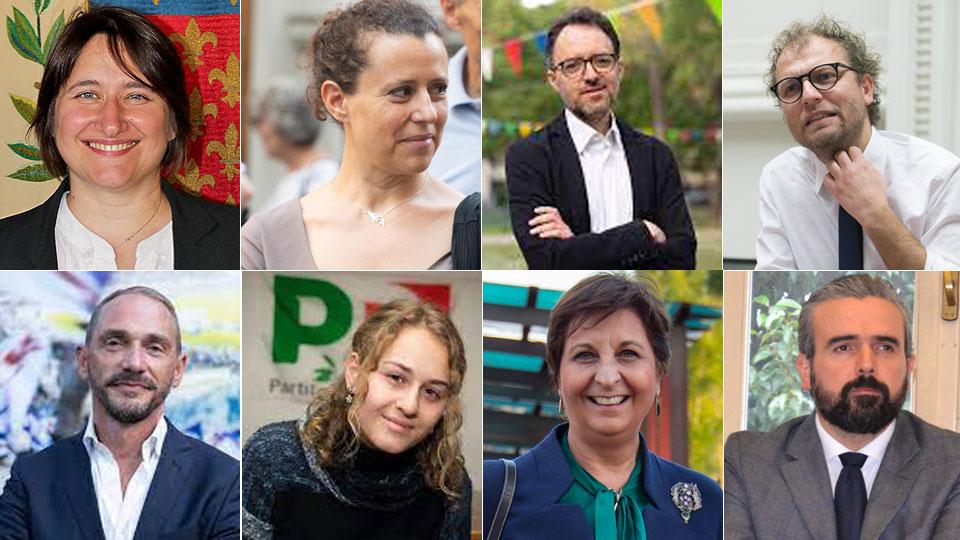 Da sinistra in alto in senso orario: Benedetta Squittieri, Caterina Biti, Federico Gianassi, Luca Lotti, Dario Parrini, Rosa Maria Di Giorgi, Maria Logli e Emiliano Fossi