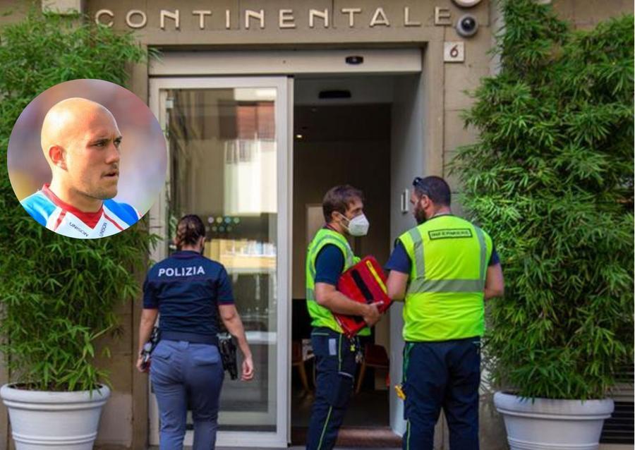 
	L'ingresso dell'albergo e, nel riquadro, l'ex atleta trovato morto nella stanza dove alloggiava con la compagna

