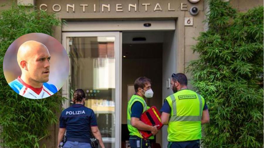 L'ingresso dell'albergo e, nel riquadro, l'ex atleta trovato morto nella stanza dove alloggiava con la compagna