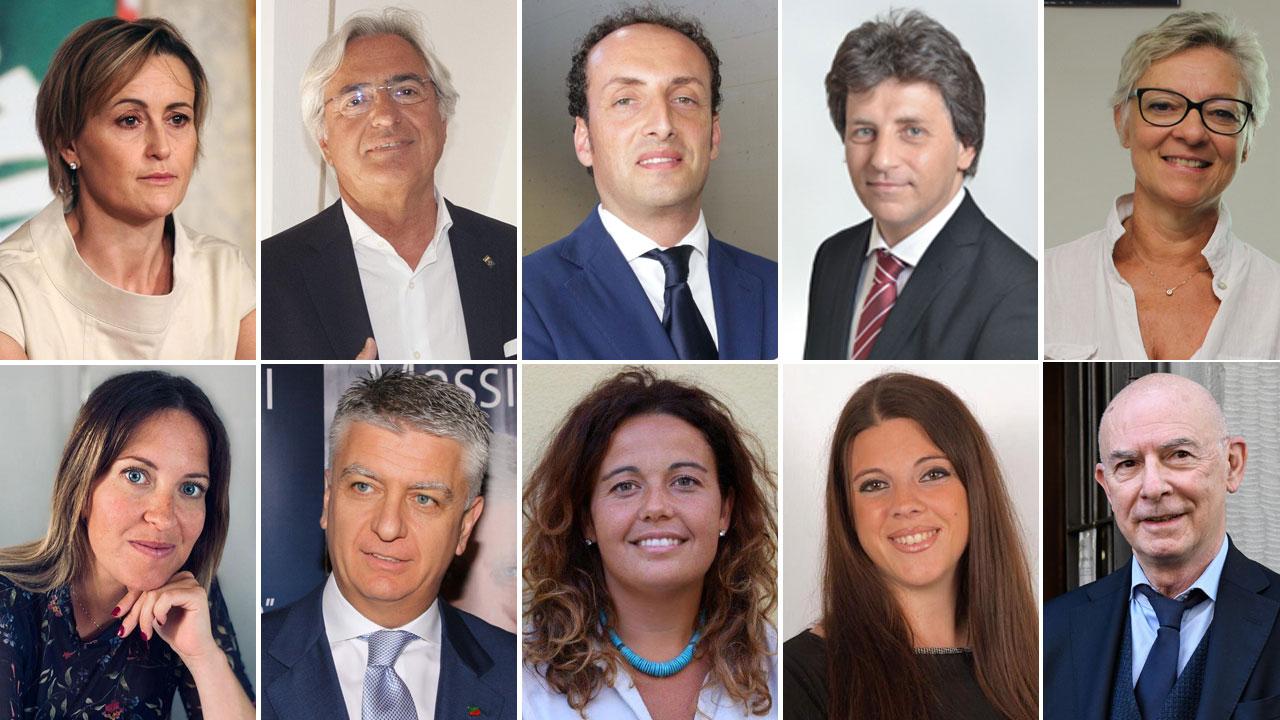 Partendo in alto da sinistra in senso orario Deborah Bergamini (Forza Italia), Umberto Buratti (Pd), Alessandro Del Dotto (Pd), Gianluca Ferrara (M5S), Anna Graziani (Pd), Riccardo Zucconi (Fratelli d’Italia), Elisa Montemagni (Lega), Agnese Marchetti (Pd), Massimo Mallegni (Forza Italia), Federica Maineri (Pd)
