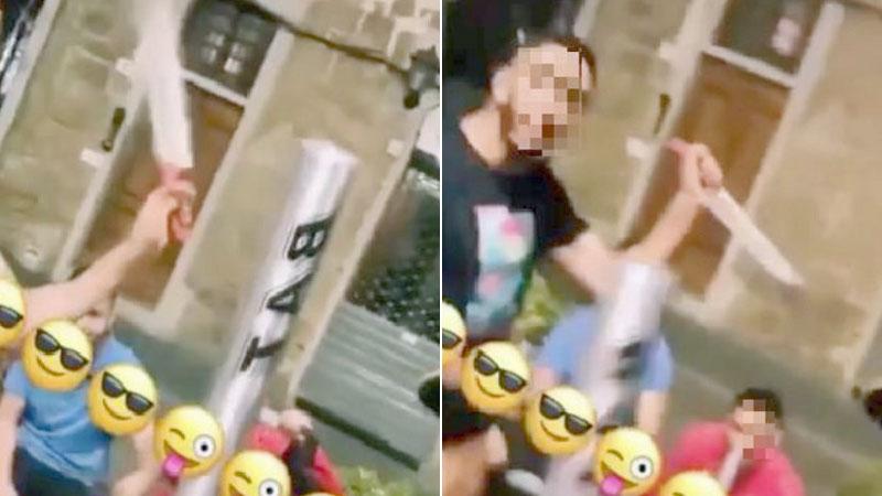 Due frame del video postato su Tik tok in cui vengono mostrati i coltelli e le mazze in San Pierino