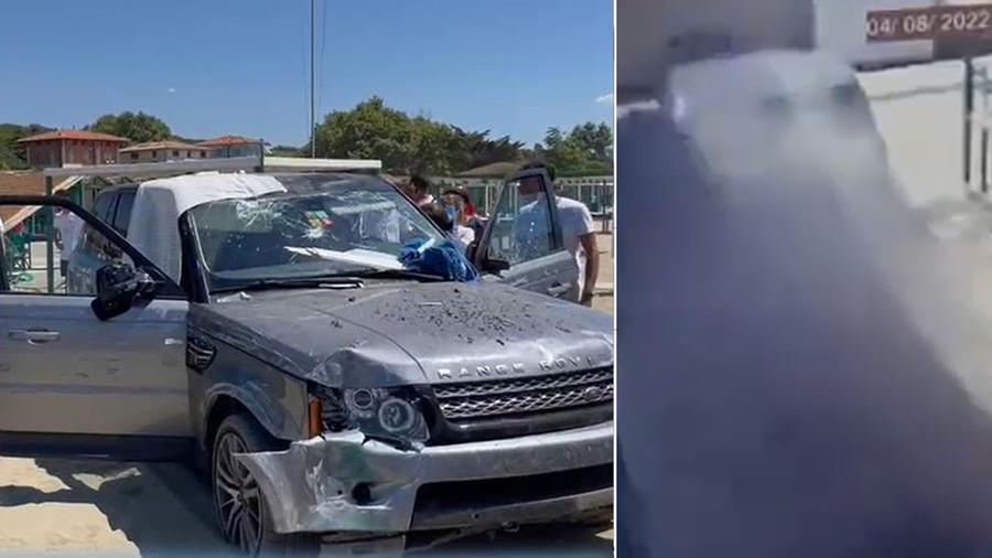 
	Il suv sulla spiaggia e il momento in cui sfonda l'ingresso del bagno

