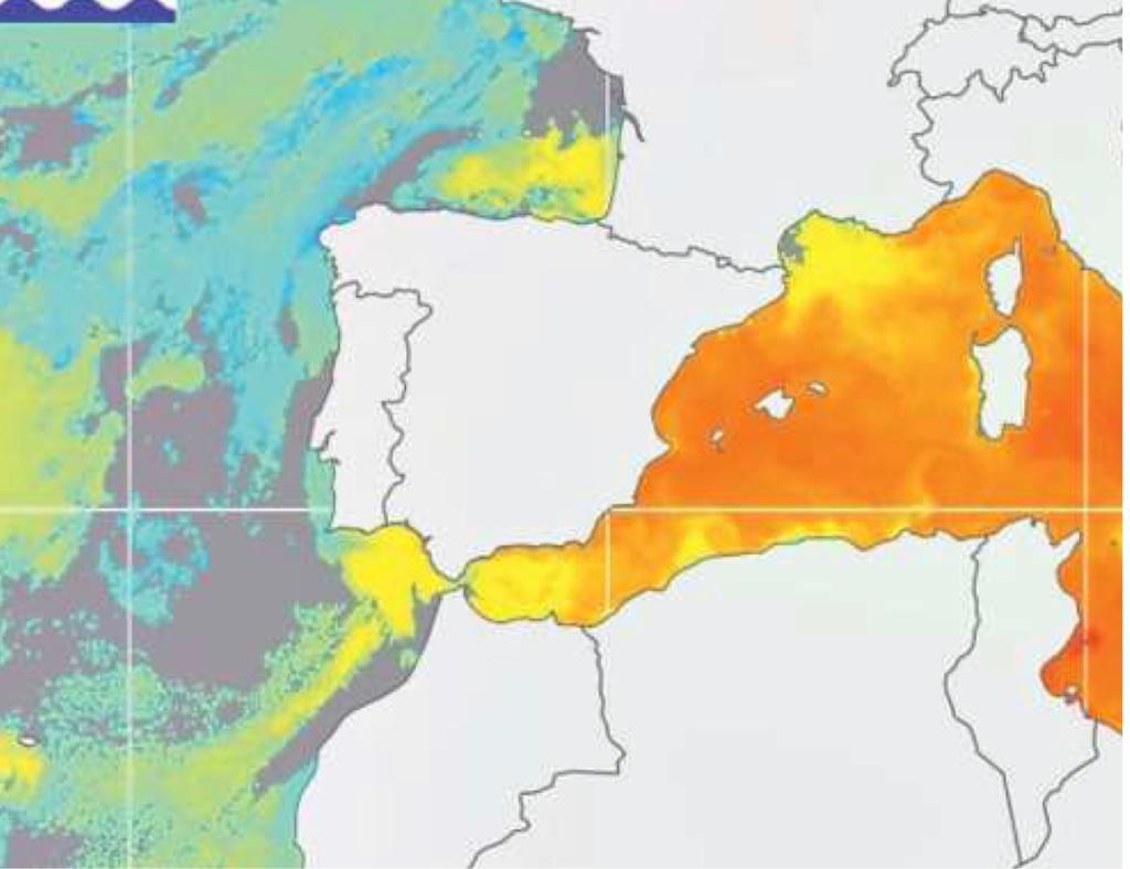 Una mappa del Ceam di Valencia sulla base di dati del satellite Meop: evidente la differenza di temperatura fra l'oceano Atlantico e il Mediterraneo
