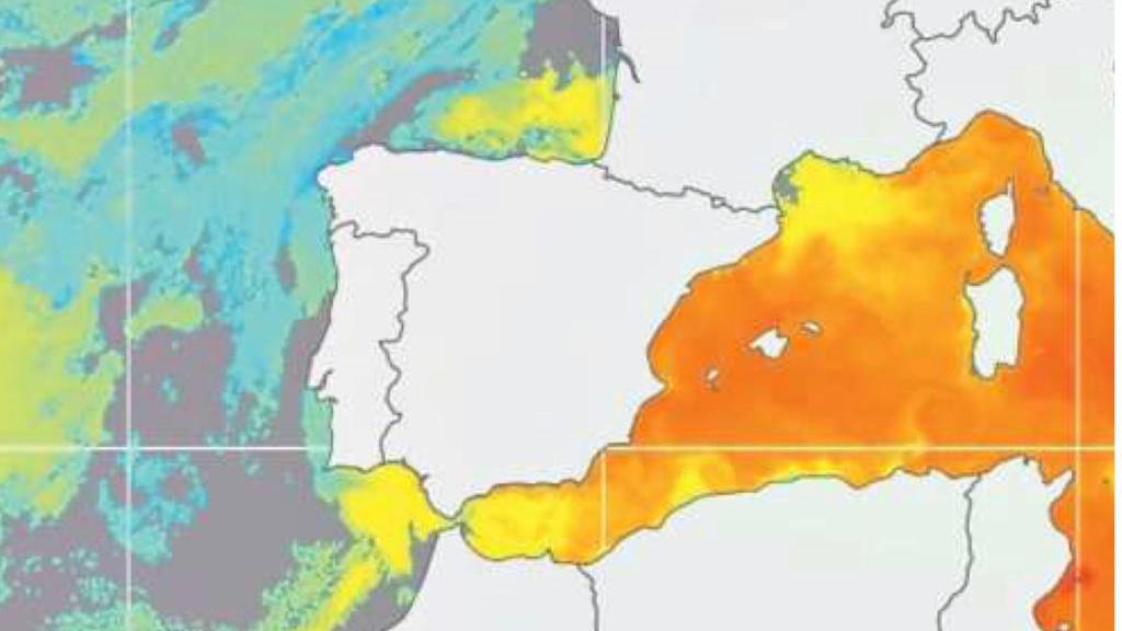 Una mappa del Ceam di Valencia sulla base di dati del satellite Meop: evidente la differenza di temperatura fra l'oceano Atlantico e il Mediterraneo