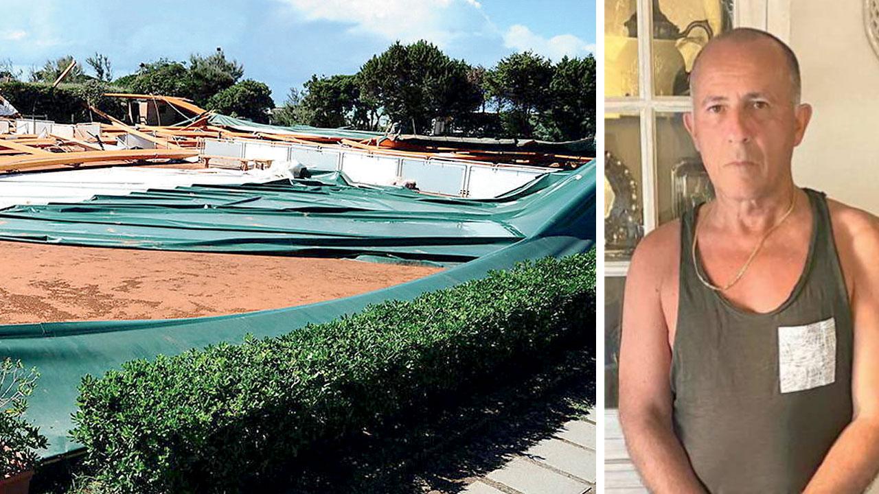 A destra una foto del maestro di tennis Enrico Rustichelli. A sinistra il tendone crollato ai Canottieri a settembre del 2020 (Foto Silvi/Falorni)