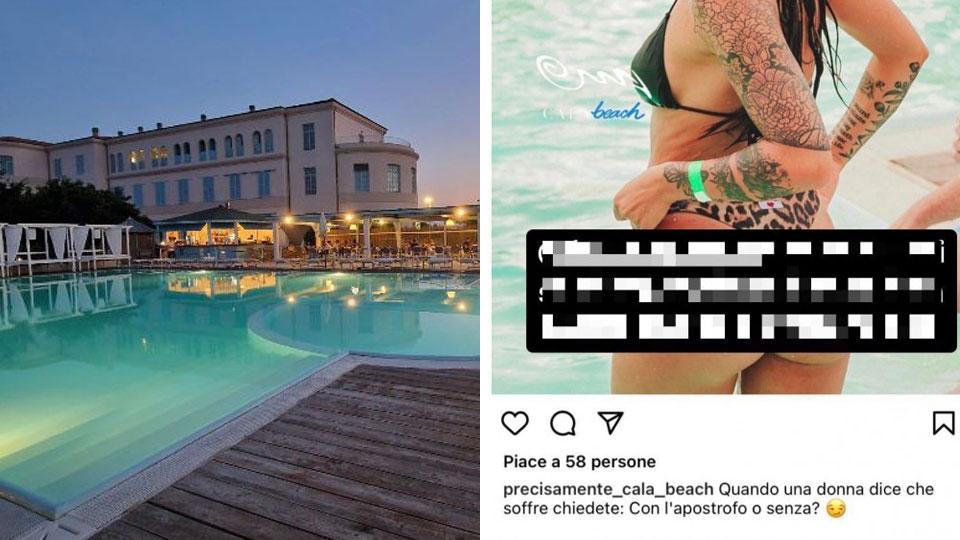 A sinistra nella foto grande una panoramica di Cala Beach, a Tirrenia, e di lato e uno dei post che ha creato scalpore sui social network