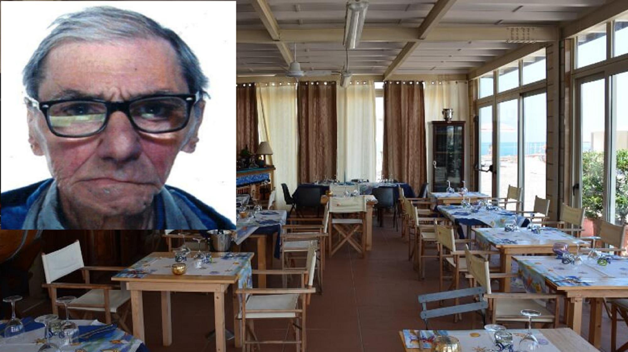 La sala del ristorante e, nel riquadro a sinistra, la vittima