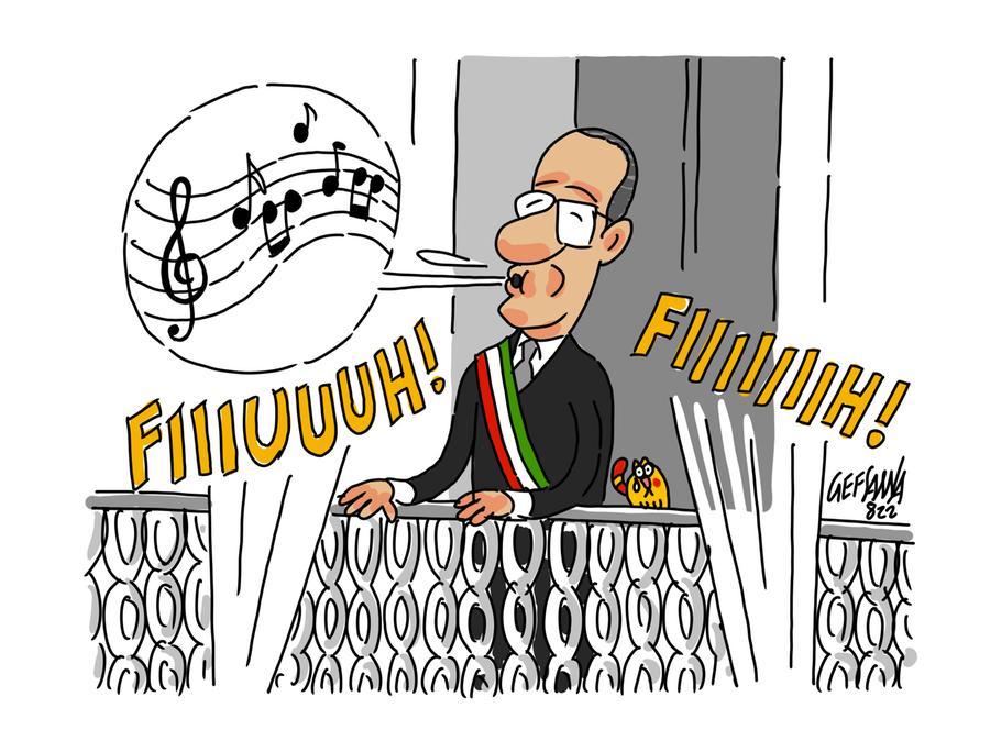 La vignetta di Gef: il sindaco non teme i fischi della discesa dei Candelieri