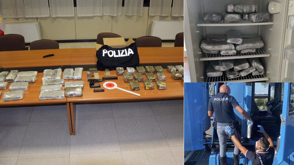 Le tappe Le sostanze nascoste nel frigorifero; quelle sequestrate dalla poliizia nei giorni scorsi; in basso la perquisizione del camion a Modena