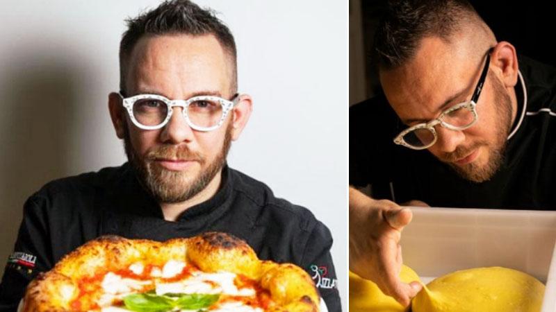Due scatti che ritraggono il pizzaiolo gourmet Gabriele Danicon una sua creazione e con alcuni impasti in fase di lievitazione