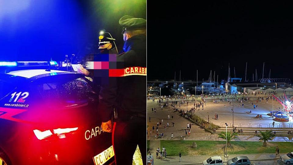 Una veduta di piazza Unità d’Italia a S. Vincenzo e una pattuglia dei carabinieri
