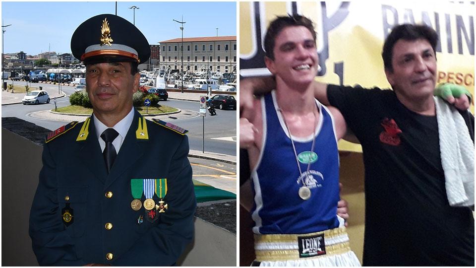 Due belle immagini di Alfredo Zangara: con la sciabola da maresciallo davanti alla caserma della guardia di finanza in cui ha lavorato per oltre 40 anni e sul ring col giovane livornese Emanuele Gjieli