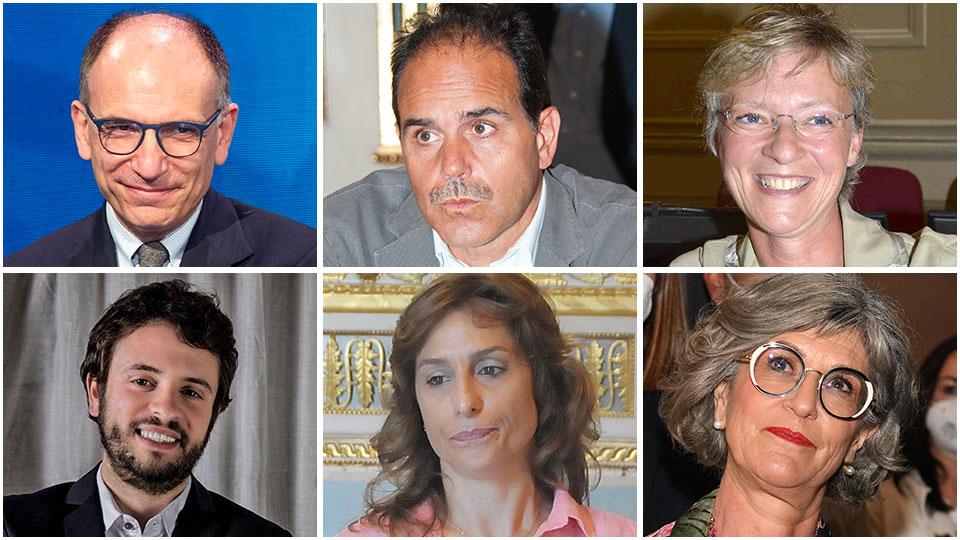 Da sinistra: Enrico Letta, Andrea Marcucci, Anna Graziani, sotto, sempre da sinistra: Patrizio Andreuccetti, Serena Mammini, Roberta Menchetti