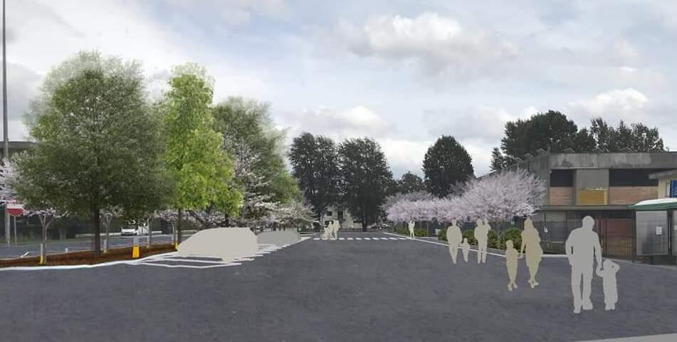 Il rendering di via Rossa con le nuove piantumazioni