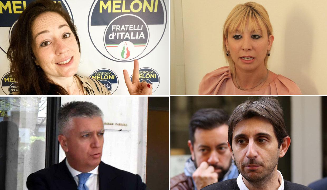 In alto, da sinistra: Chiara La Porta di Fratelli d’Italia e Diletta Bresci della Lega, entrambe pratesi; sotto: il coordinatore regionale di Forza Italia Massimo Mallegni e Giovanni Donzelli, di Fratelli d’Italia