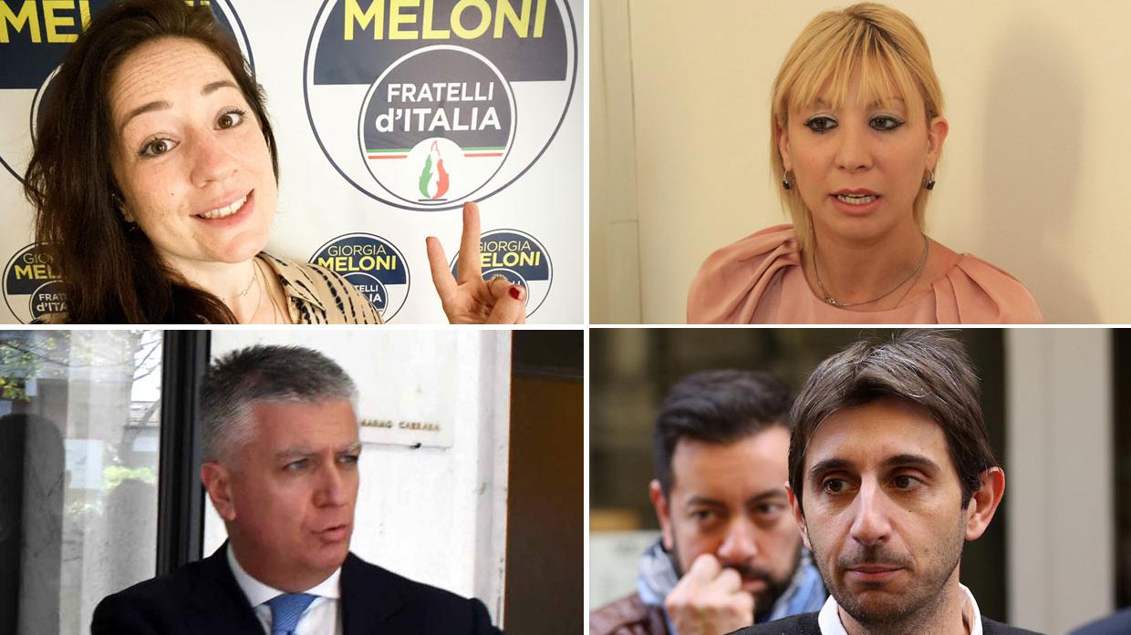 In alto, da sinistra: Chiara La Porta di Fratelli d’Italia e Diletta Bresci della Lega, entrambe pratesi; sotto: il coordinatore regionale di Forza Italia Massimo Mallegni e Giovanni Donzelli, di Fratelli d’Italia