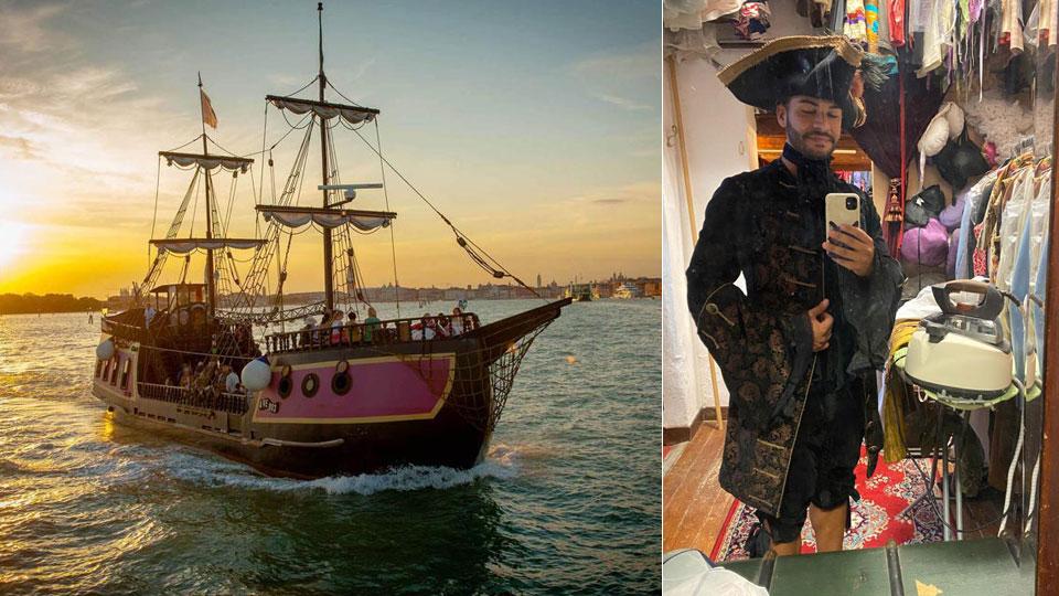 Gabriele Vitale, con il costume che indosserà per il suo compleanno e il galeone che ospiterà la festa