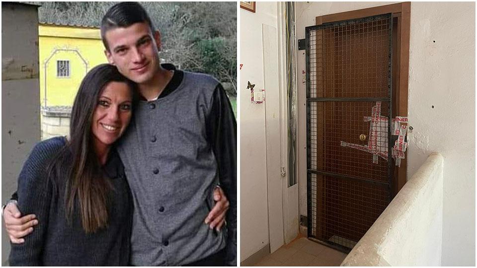 Denny Magina con la madre Erika Terreni e la porta della casa dalla quale è precipitato con i sigilli dei carabinieri