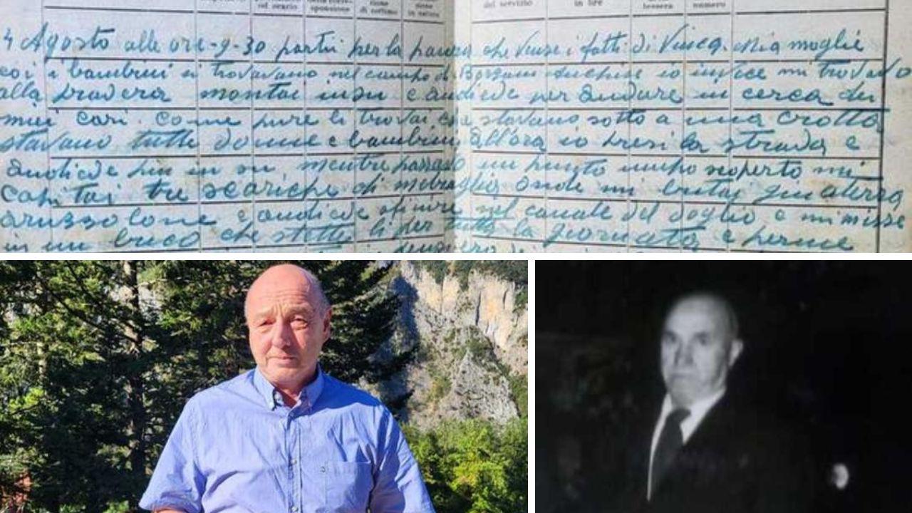 Nella foto in alto il diario di Fulvio Benelli, sotto a sinistra Giuliano Battaglia, e a destra una foto d’epoca del partigiano