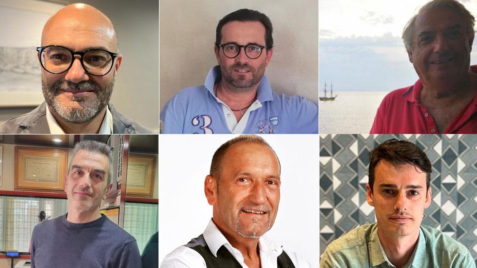 da sinistra Valerio Forconi (Hotel Est), Marrico Turchi (Hotel Ariston) e Alberto Mariani (Hotel Esperia); sotto, sempre da sinistra, Massimiliano Sileoni (Hotel Sileoni), Massimo Creatini (Hotel Ponte) e Federico Fulceri (Hotel Lido)