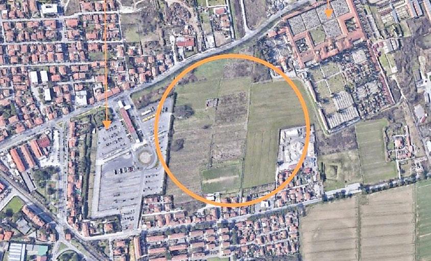 Nel cerchio l’area dove sarà realizzato il nuovo centro di allenamento del Pisa Sporting Club