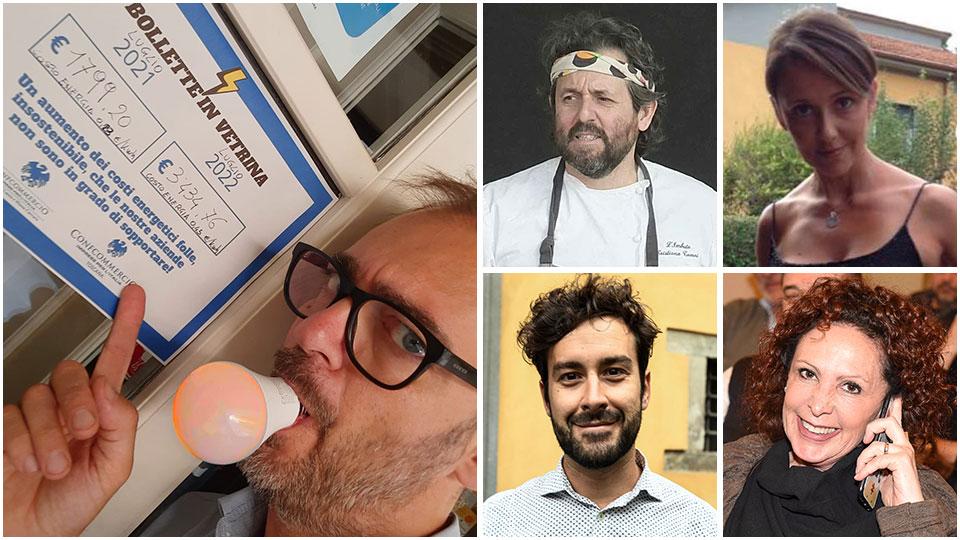 Samuele Cosentino degli “Orti” mostra i rincari della bolletta, lo chef Cristiano Tomei “L’imbuto”, Laura Capri del” Fagiano”, Matteo Pomini presidente Ccn e Simona Del Ry di “Pepe Rosa”