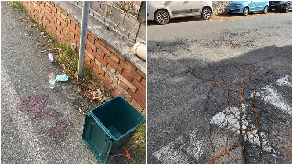 Il sangue rimasto sulla strada dopo l’incidente e la strada dissestata