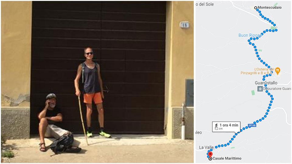 Il signor Lutz Kühn (in piedi) insieme all’amico alla fermata del bus a Casale Marittimo poco dopo la partenza del mezzo senza di loro e il tragitto ricostruito